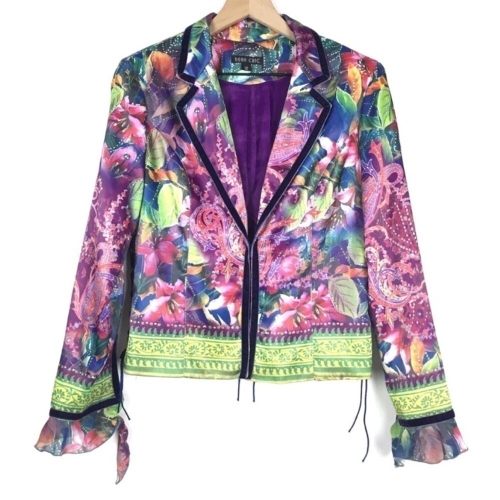 BOHO CHIC Jacket Ruffle Abstract Lace Up Rocker Western Rodeo Velour Size 12